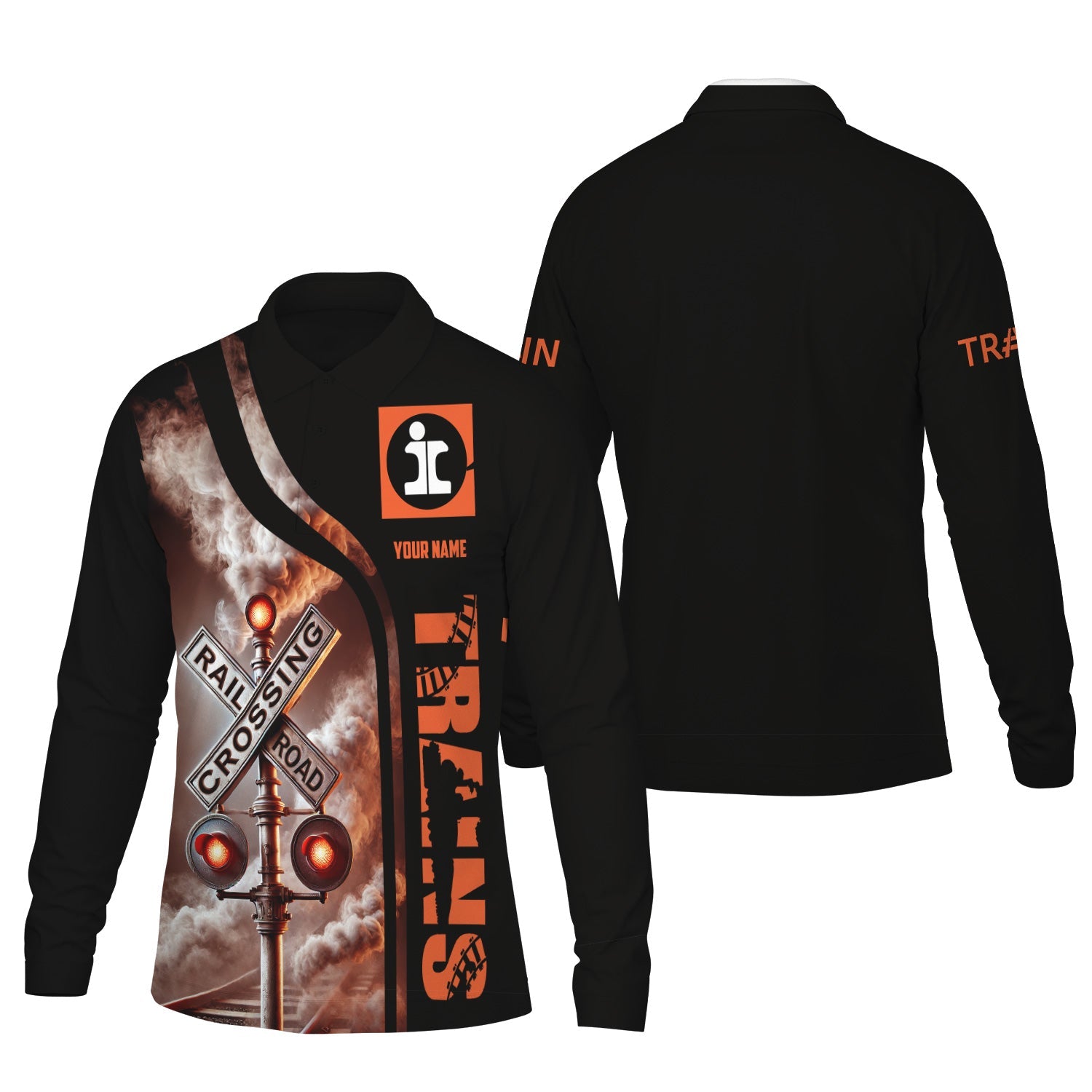 Railspirit Custom Name Illinois Central Railroad Long Sleeve Polo Shirt Railroad Crossing Sign Printed Shirt