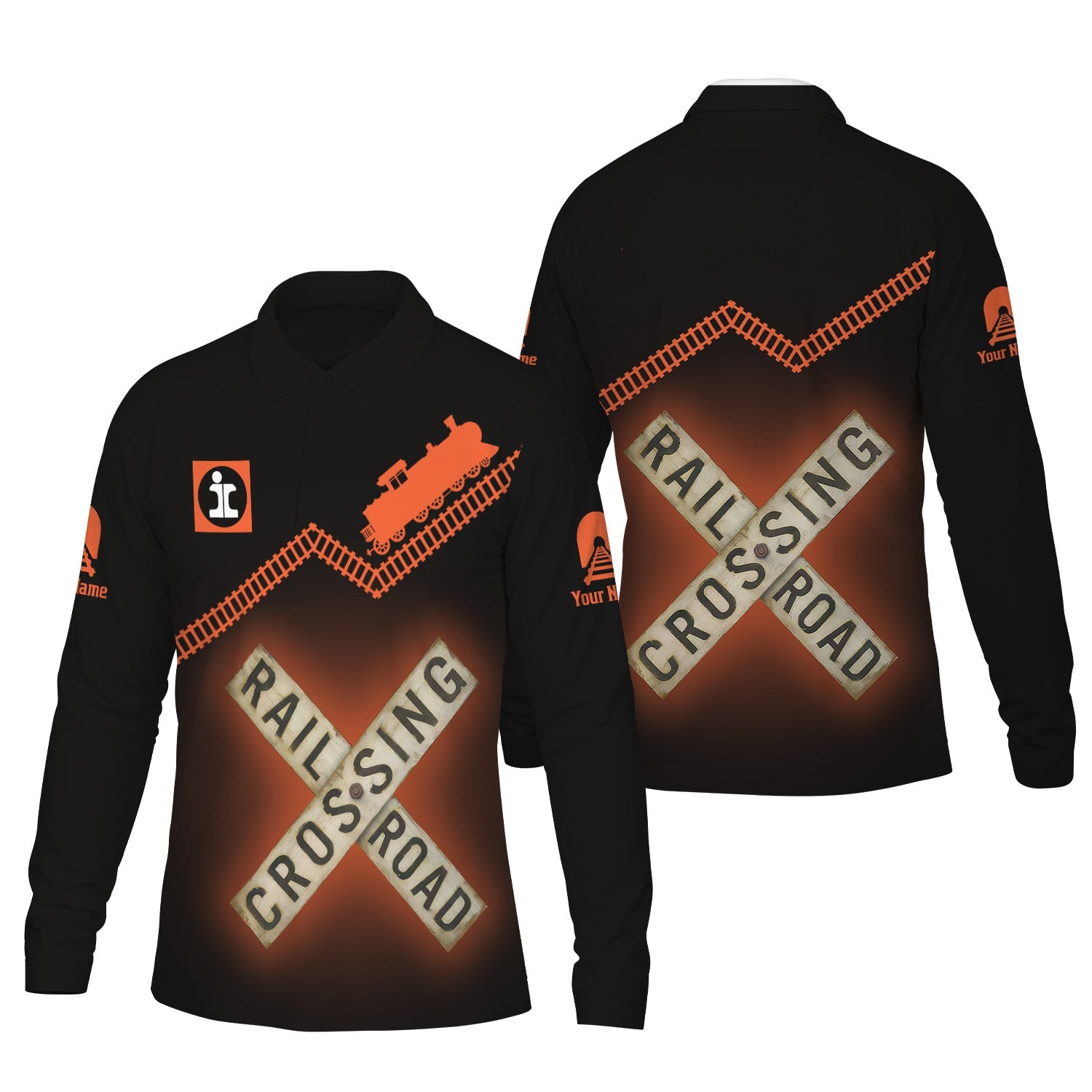 Railspirit Custom Name Illinois Central Railroad Long Sleeve Polo Shirt Railroad Crossing Printed Train Track Shirt