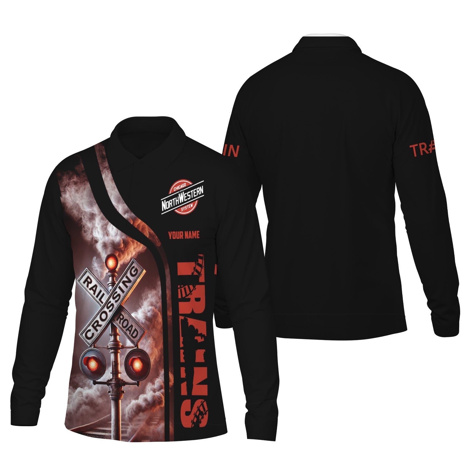 Railspirit Custom Name Chicago and North Western Railway Long Sleeve Polo Shirt Railroad Crossing Sign Printed Shirt