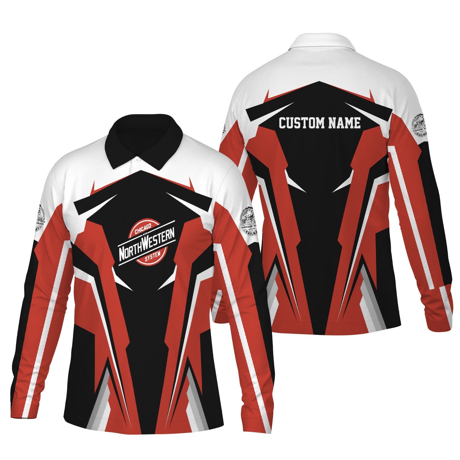 Railspirit Personalized Chicago and North Western Railway Long Sleeve Polo Shirt Strong Line Train Long Sleeve Polo Shirt Gift Idea For Train Lover