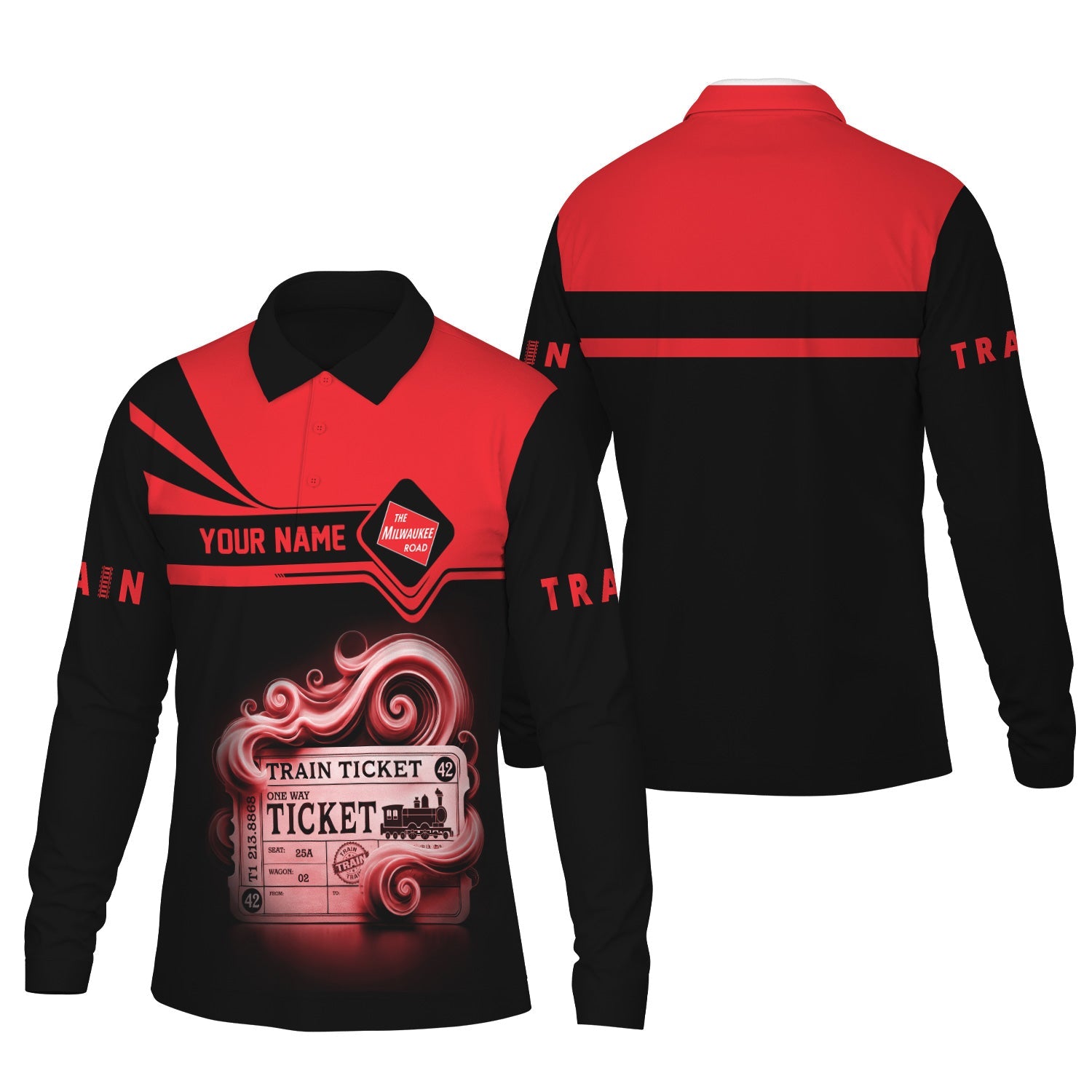 Railspirit Custom Name Chicago, Milwaukee, St. Paul and Pacific Railroad Long Sleeve Polo Shirt Train Ticket Milwaukee Road Printed Shirt