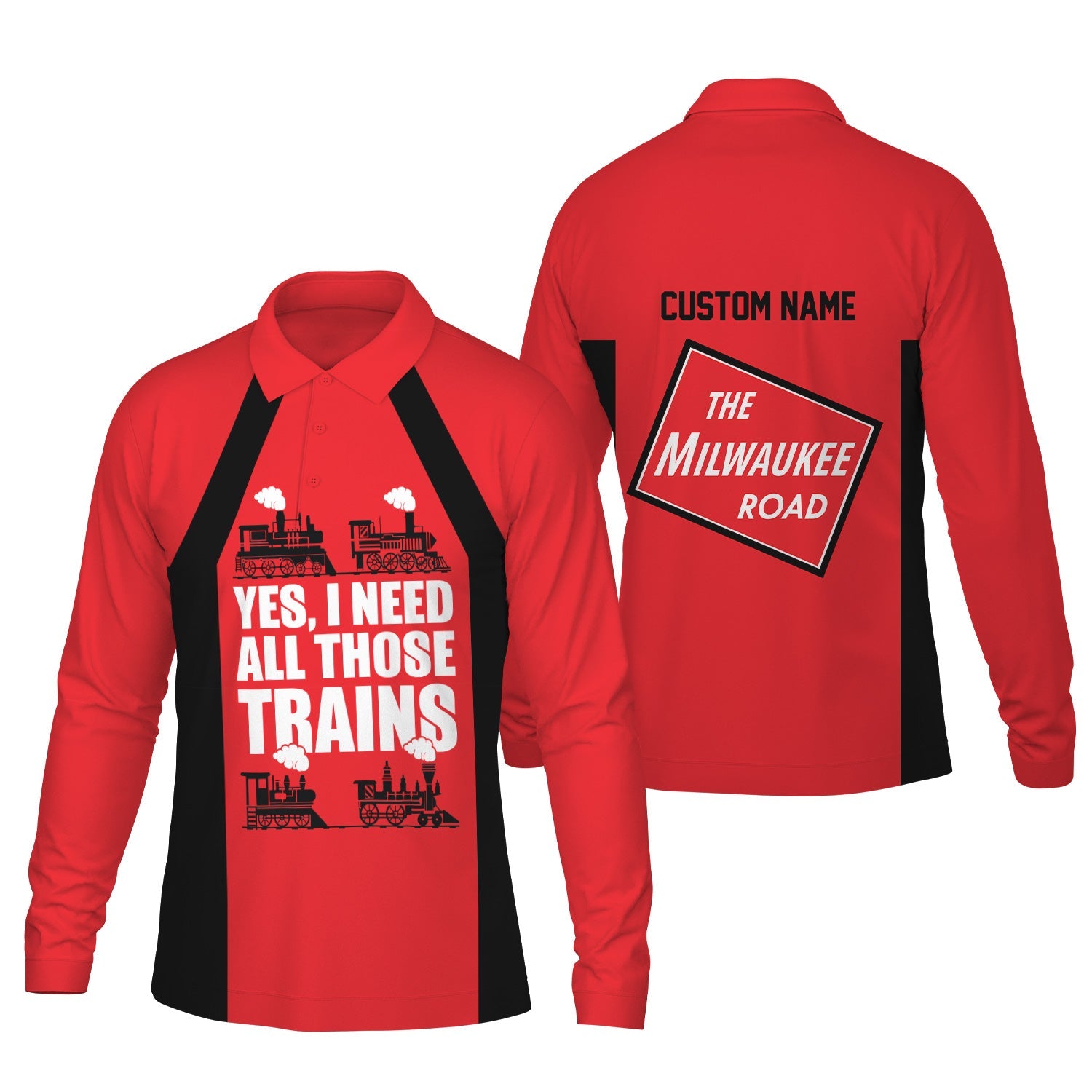 Railspirit Custom Name Chicago, Milwaukee, St. Paul and Pacific Railroad Long Sleeve Polo Shirt Yes I Need All Those Train Milwaukee Road Printed Shirt