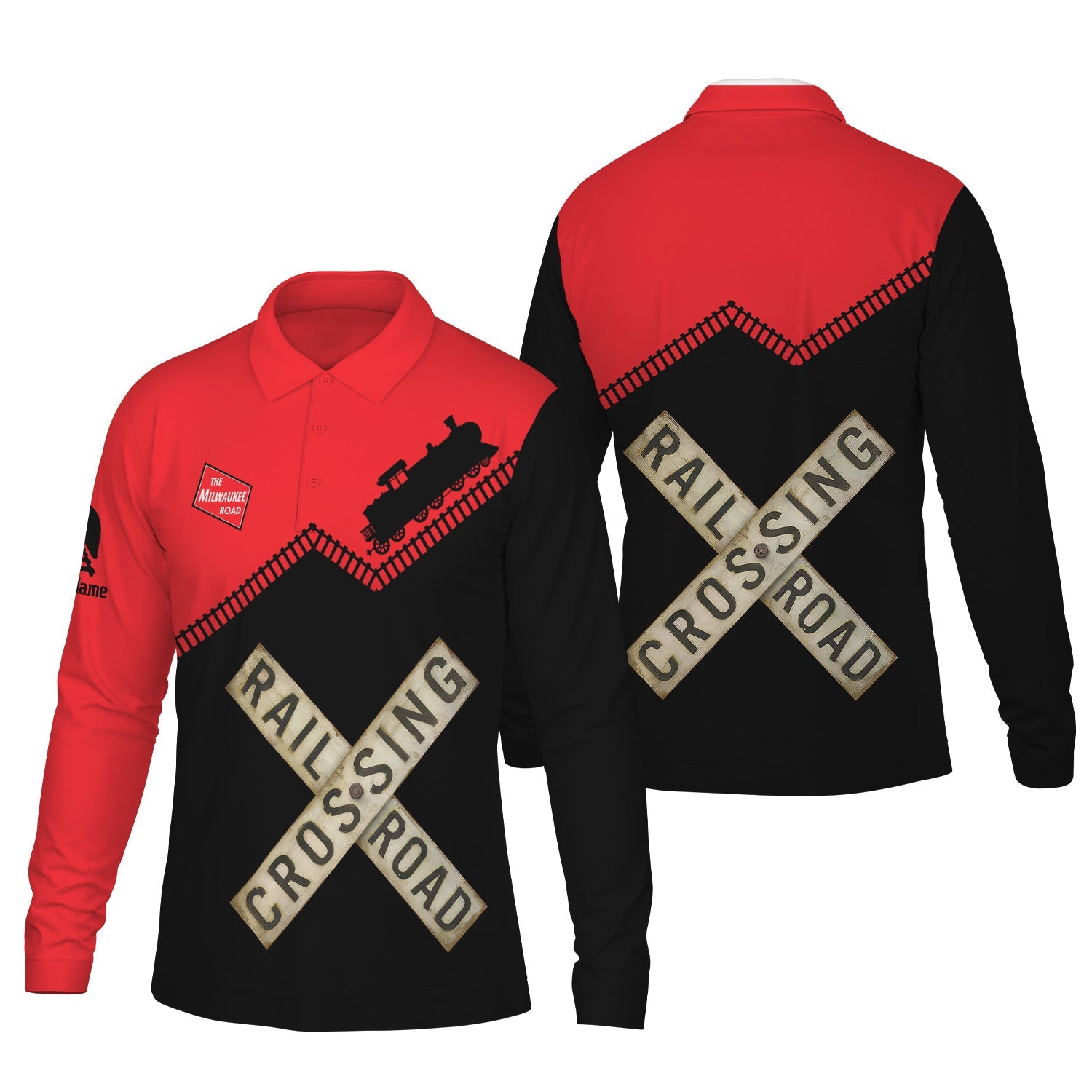 Railspirit Custom Name Chicago, Milwaukee, St. Paul and Pacific Railroad Long Sleeve Polo Shirt Railroad Crossing Milwaukee Road Printed Train Track Shirt