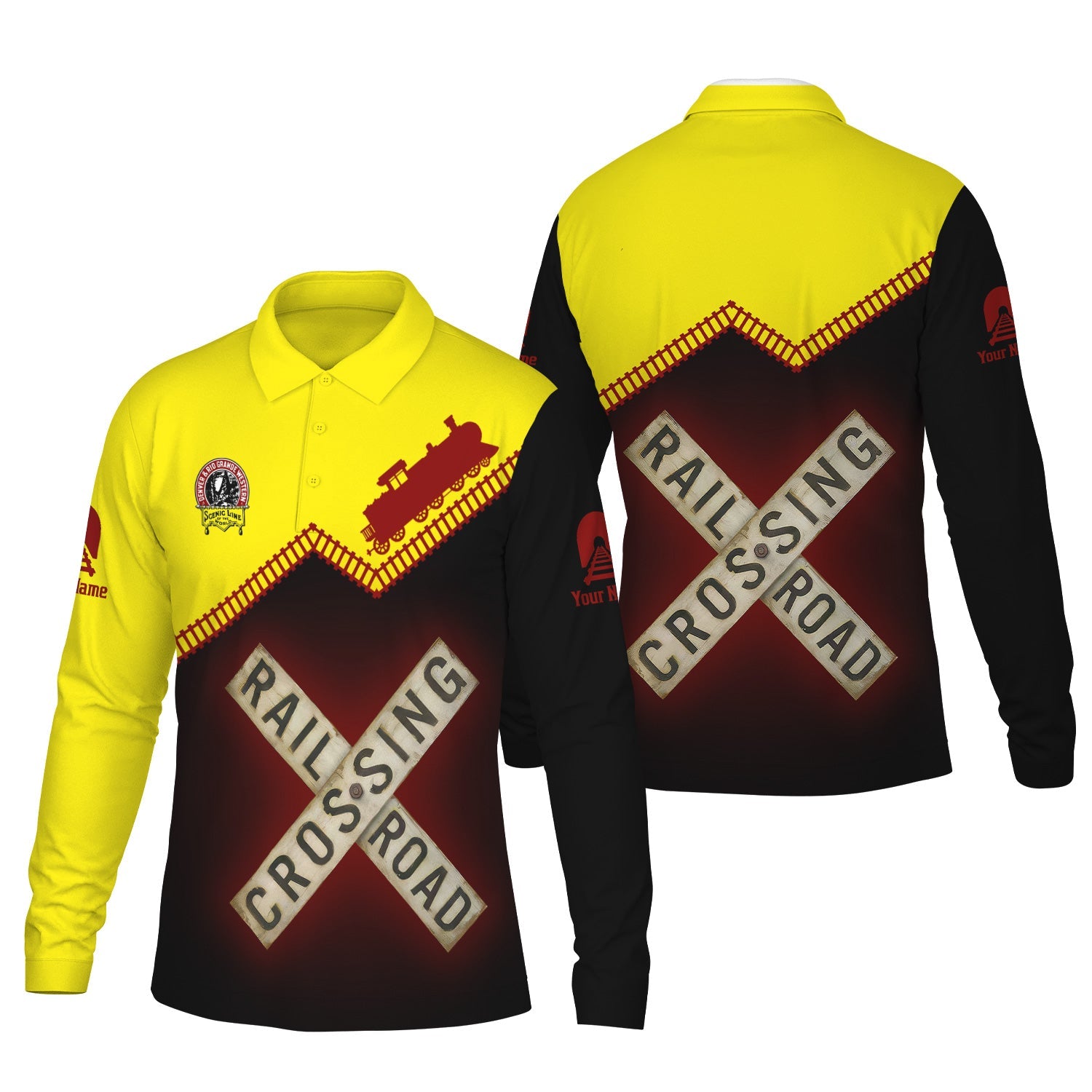 Railspirit Custom Name Denver and Rio Grande Western Railroad Long Sleeve Polo Shirt Railroad Crossing Printed Train Track Shirt
