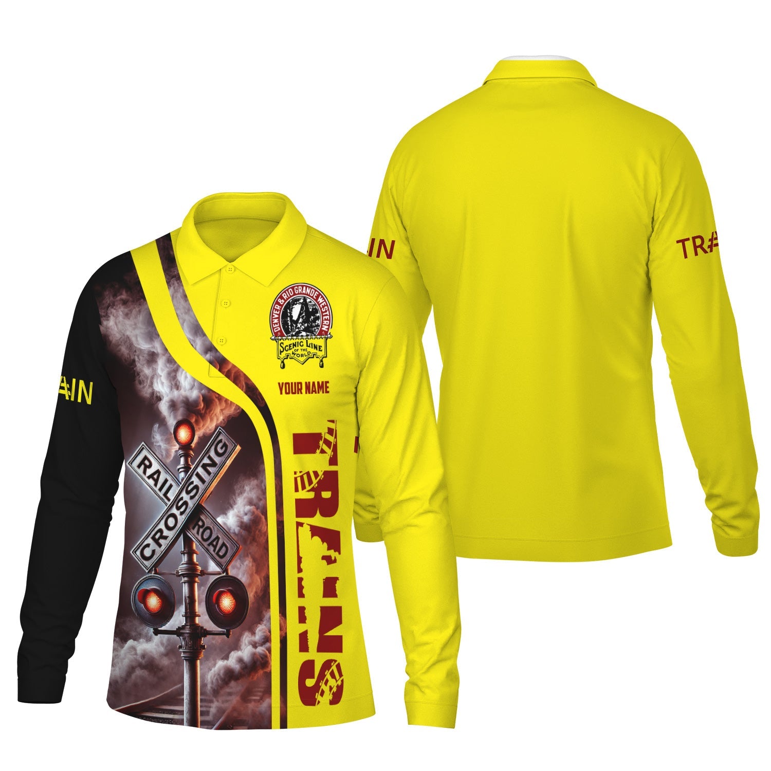 Railspirit Custom Name Denver and Rio Grande Western Railroad Long Sleeve Polo Shirt Railroad Crossing Sign Printed Shirt