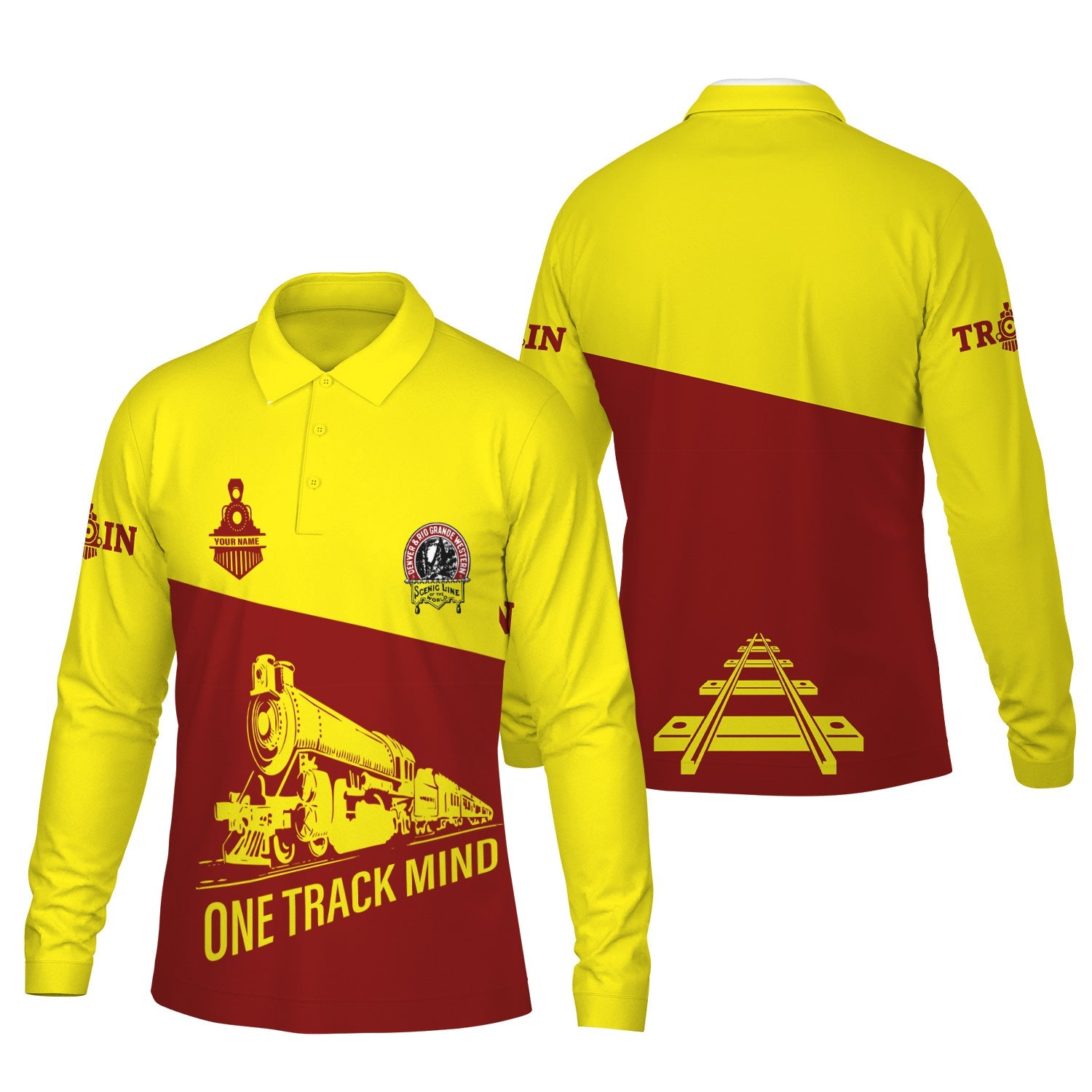 Railspirit Custom Name Denver and Rio Grande Western Railroad Long Sleeve Polo Shirt One Track Mind Printed Shirt