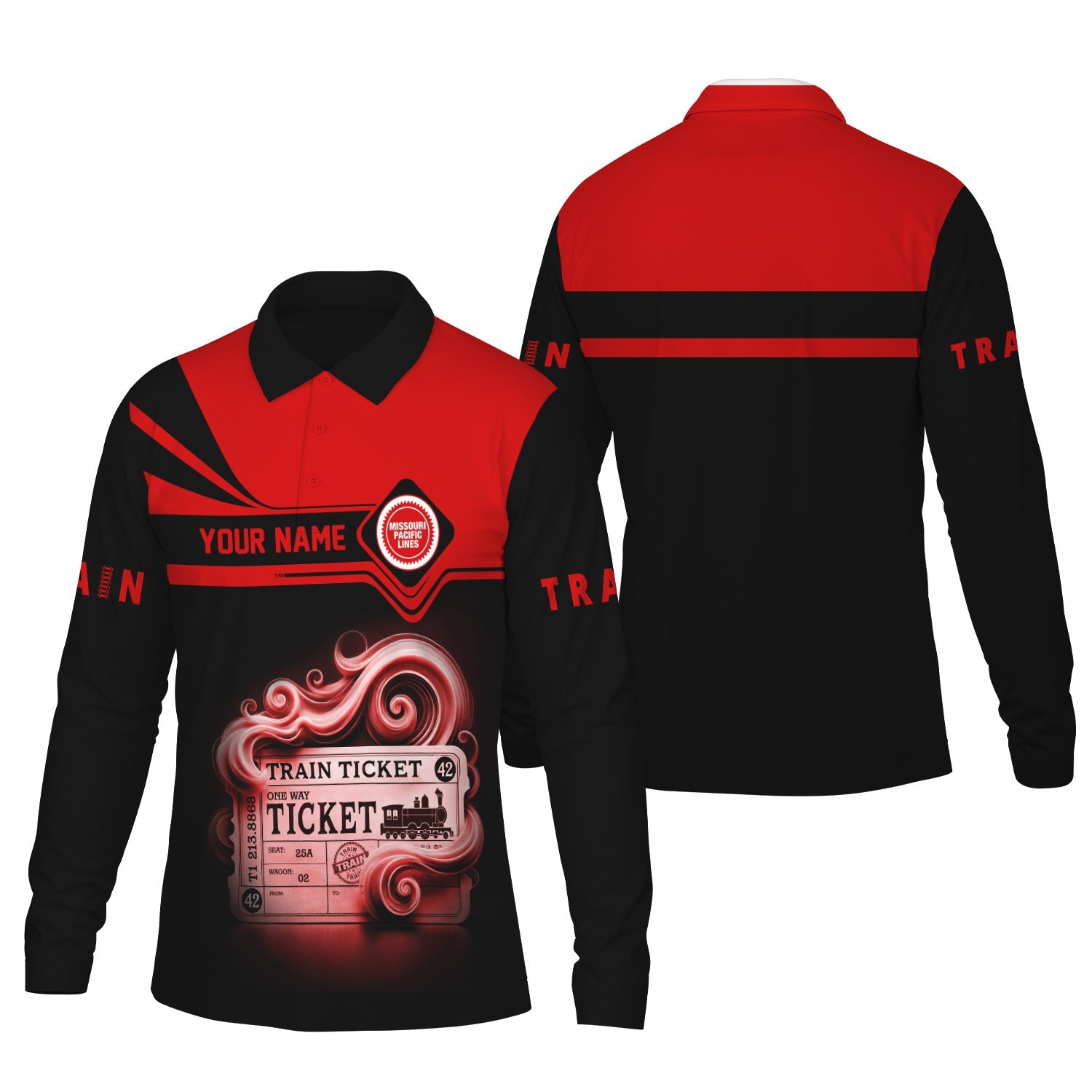 Railspirit Custom Name Missouri Pacific Railroad Long Sleeve Polo Shirt Train Ticket Printed Shirt
