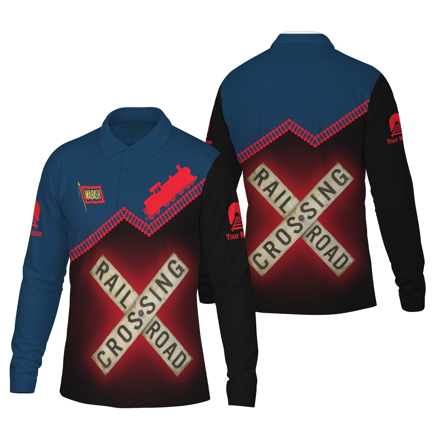 Railspirit Custom Name Wabash Railroad Long Sleeve Polo Shirt Railroad Crossing Printed Train Track Shirt