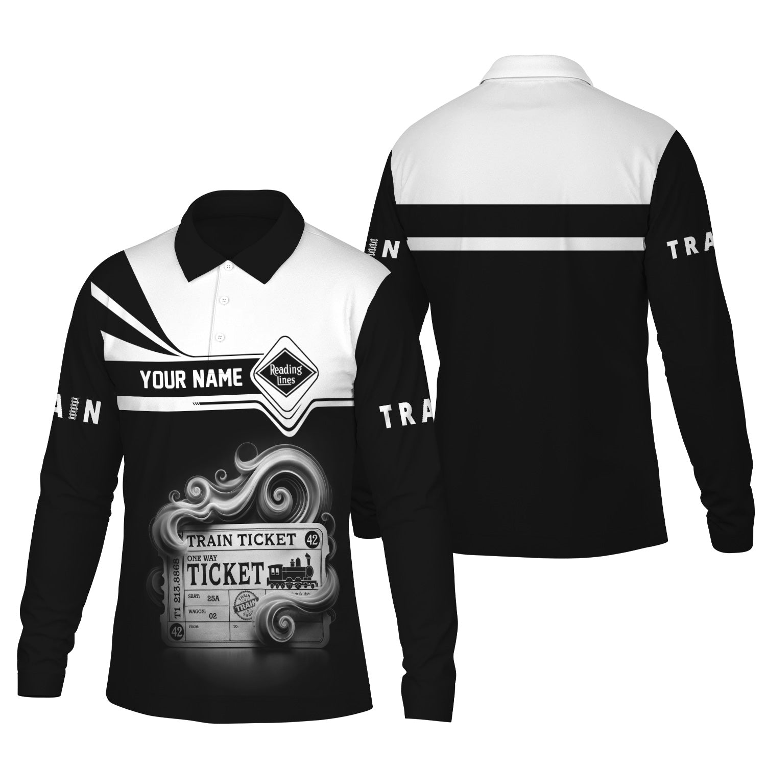 Railspirit Custom Name Reading Railroad Long Sleeve Polo Shirt Train Ticket Printed Shirt