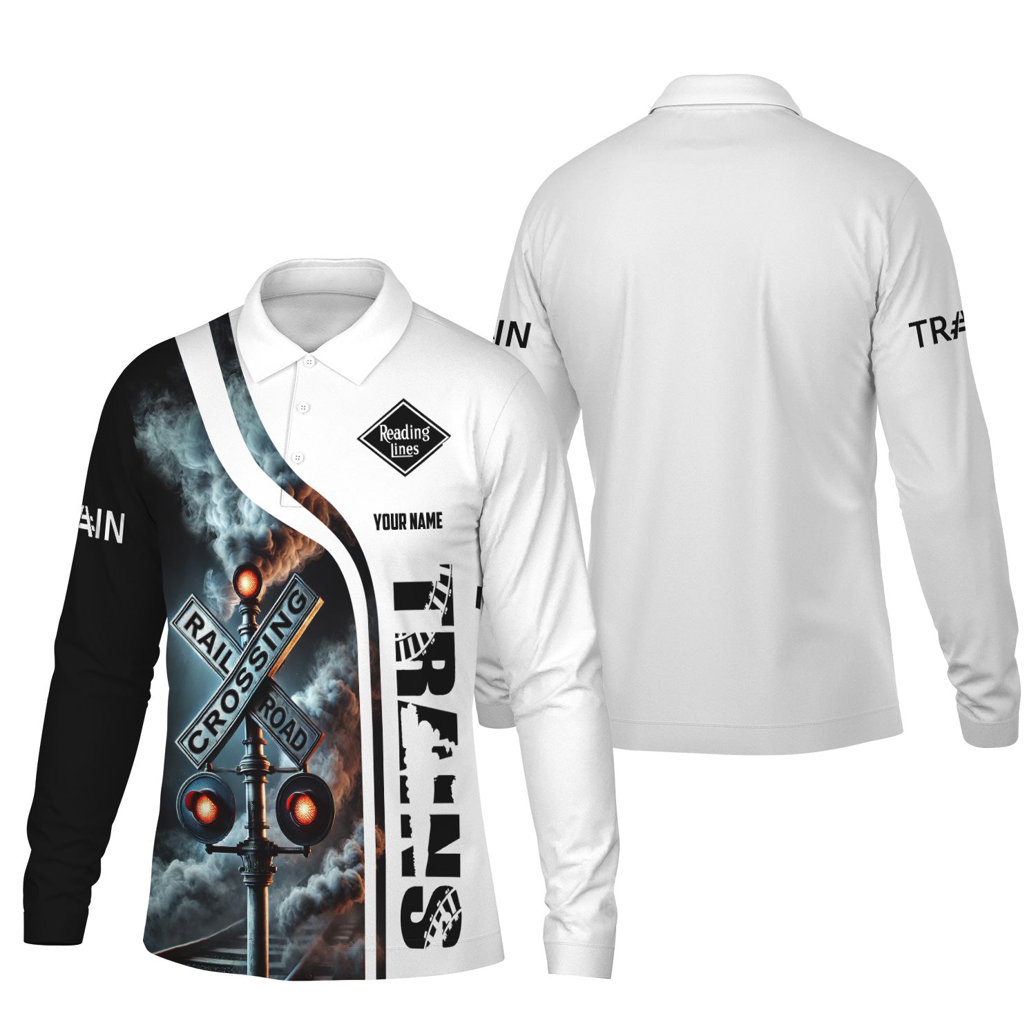 Railspirit Custom Name Reading Railroad Long Sleeve Polo Shirt Railroad Crossing Sign Printed Shirt