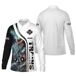 Railspirit Custom Name Reading Railroad Long Sleeve Polo Shirt Railroad Crossing Sign Printed Shirt