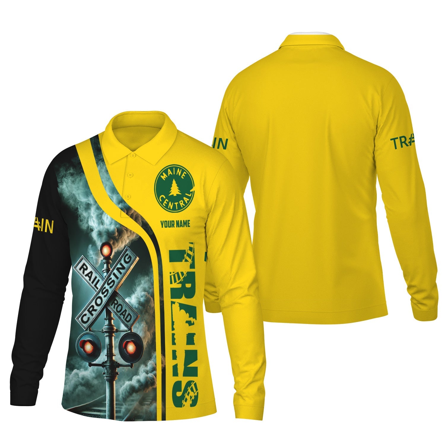 Railspirit Custom Name Maine Central Railroad Long Sleeve Polo Shirt Railroad Crossing Sign Printed Shirt