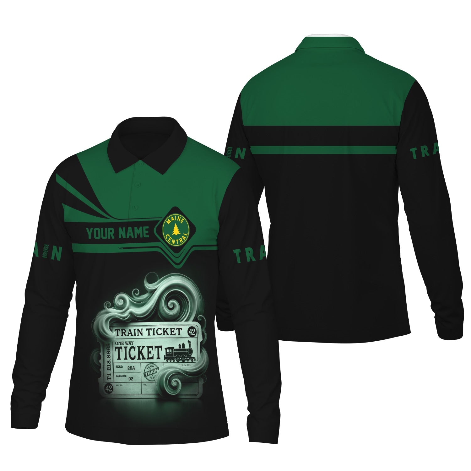 Railspirit Custom Name Maine Central Railroad Long Sleeve Polo Shirt Train Ticket Printed Shirt