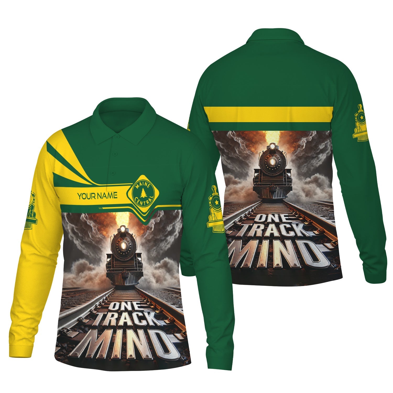 Railspirit Personalized Maine Central Railroad Long Sleeve Polo Shirt One Track Mind Train Printed Shirt