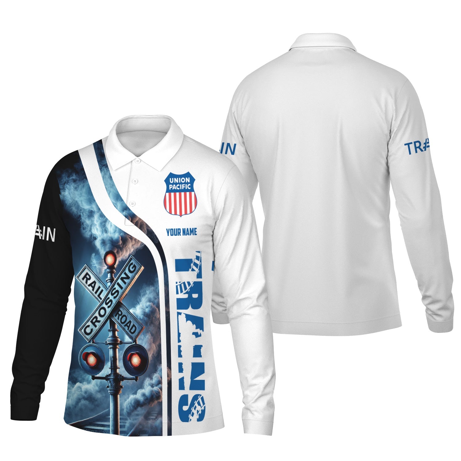 Railspirit Custom Name Union Pacific Railroad Long Sleeve Polo Shirt Railroad Crossing Sign Big Boy Printed Shirt