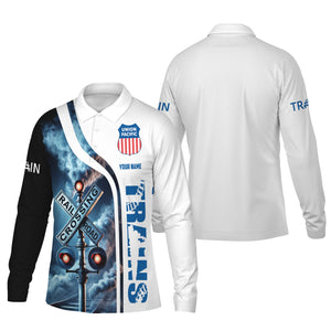 Railspirit Custom Name Union Pacific Railroad Long Sleeve Polo Shirt Railroad Crossing Sign Big Boy Printed Shirt