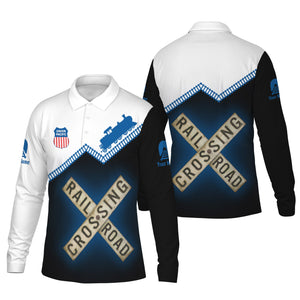 Railspirit Custom Name Union Pacific Railroad Long Sleeve Polo Shirt Railroad Crossing Big Boy Printed Train Track Shirt