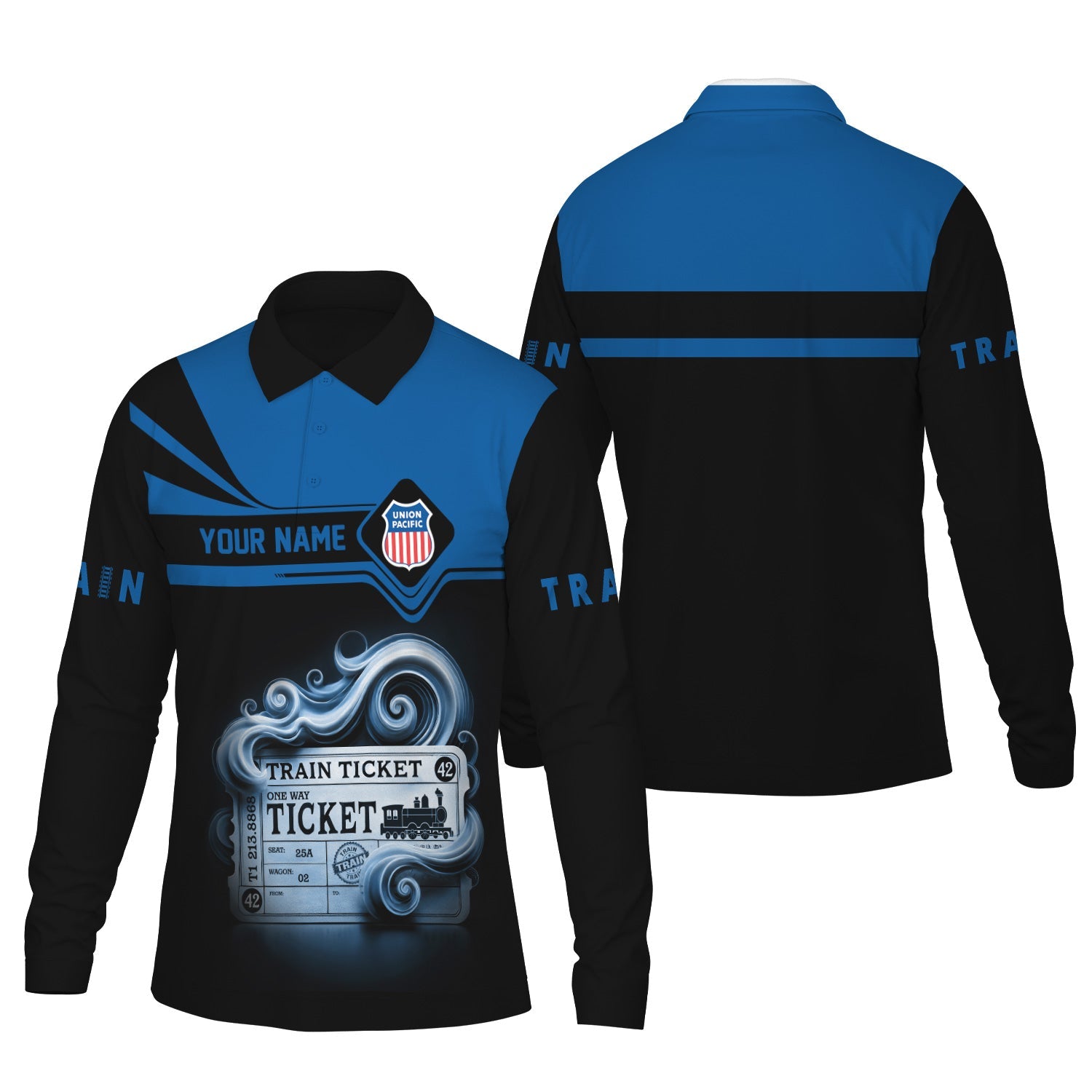 Railspirit Custom Name Union Pacific Railroad Long Sleeve Polo Shirt Train Ticket Big Boy Printed Shirt