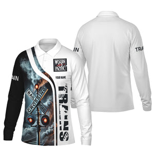 Railspirit Custom Name Western Pacific Railroad Long Sleeve Polo Shirt Railroad Crossing Sign Printed Shirt