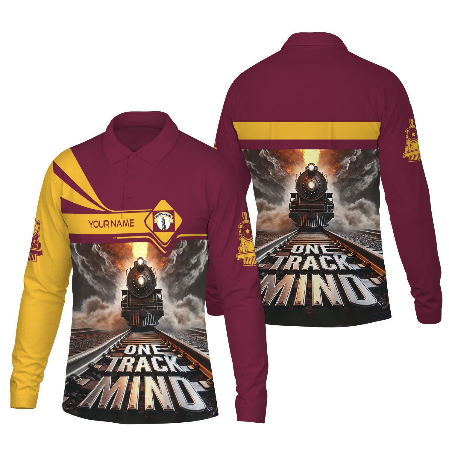 Railspirit Personalized Boston and Maine Railroad Long Sleeve Polo Shirt One Track Mind Train Printed Shirt