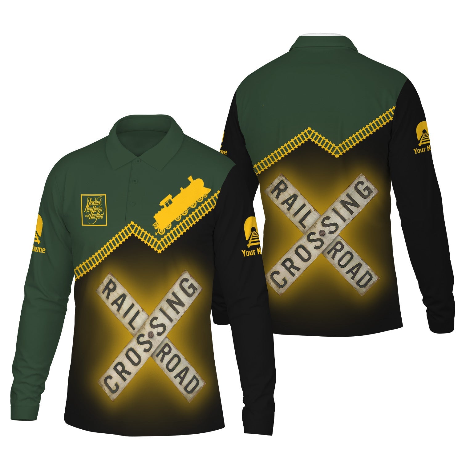 Railspirit Custom Name New York, New Haven and Hartford Railroad Long Sleeve Polo Shirt Railroad Crossing New Haven Railroad Printed Train Track Shirt