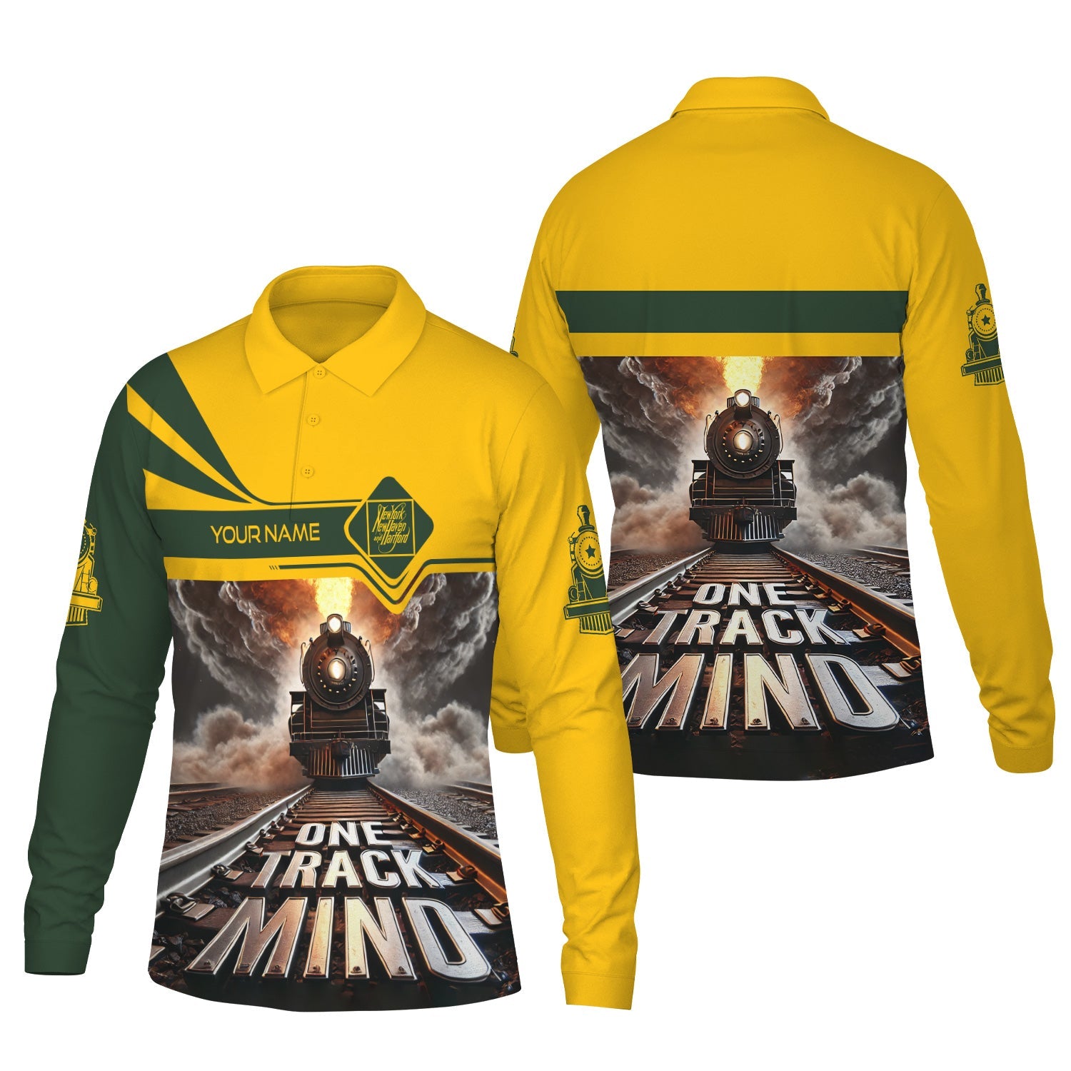 Railspirit Personalized New York, New Haven and Hartford Railroad Long Sleeve Polo Shirt One Track Mind New Haven Railroad Train Printed Shirt