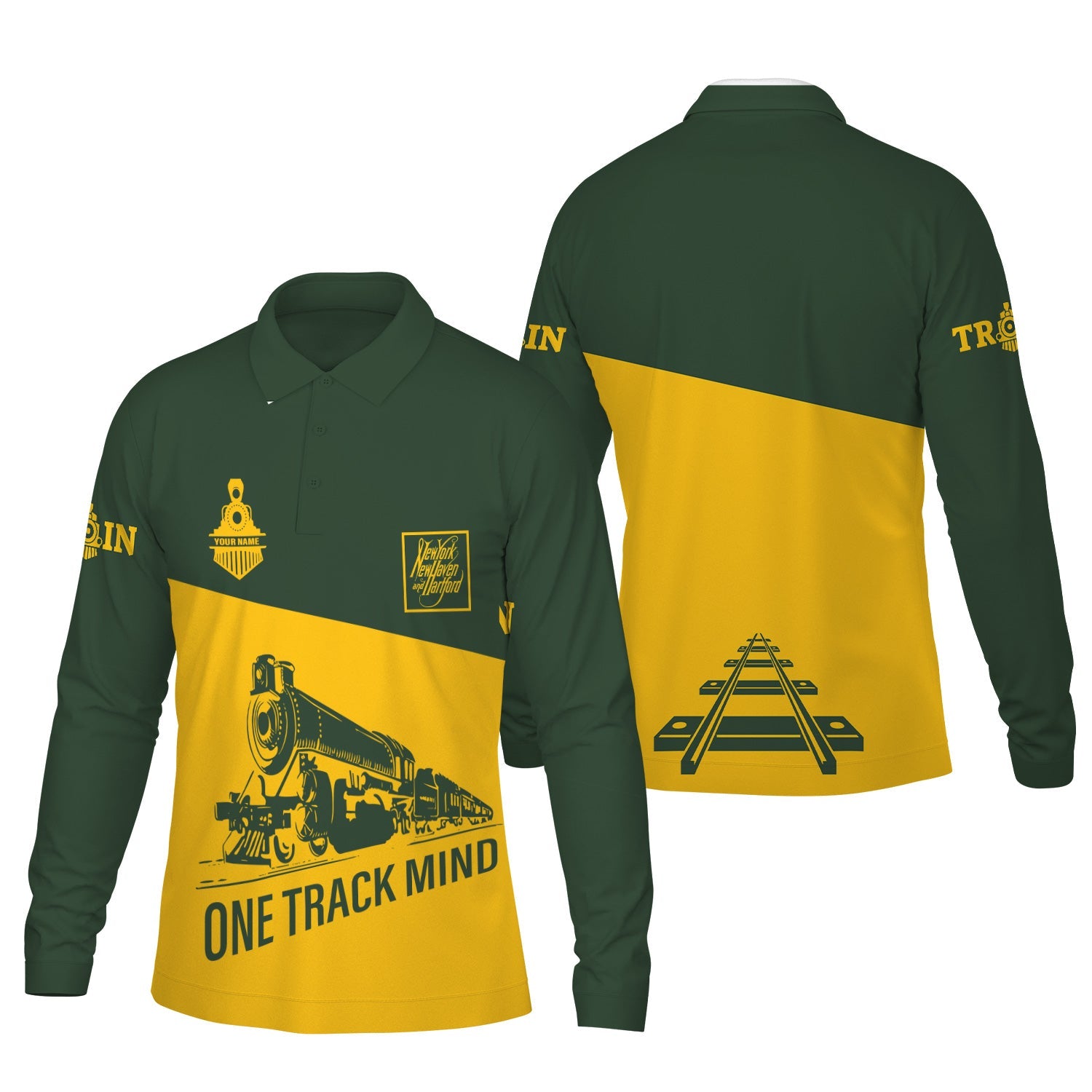Railspirit Custom Name New York, New Haven and Hartford Railroad Long Sleeve Polo Shirt One Track Mind New Haven Railroad Printed Shirt