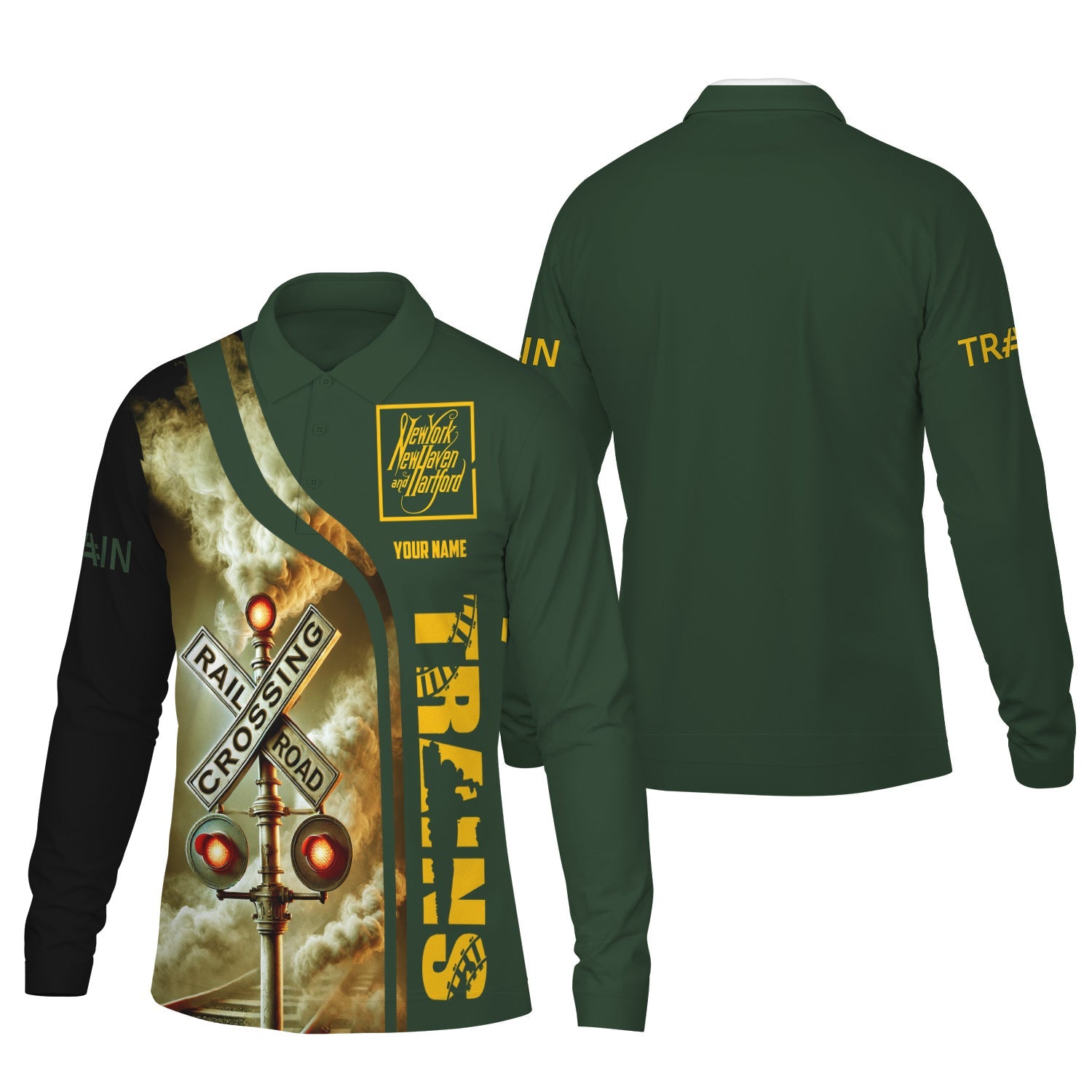 Railspirit Custom Name New York, New Haven and Hartford Railroad Long Sleeve Polo Shirt Railroad Crossing Sign New Haven Railroad Printed Shirt