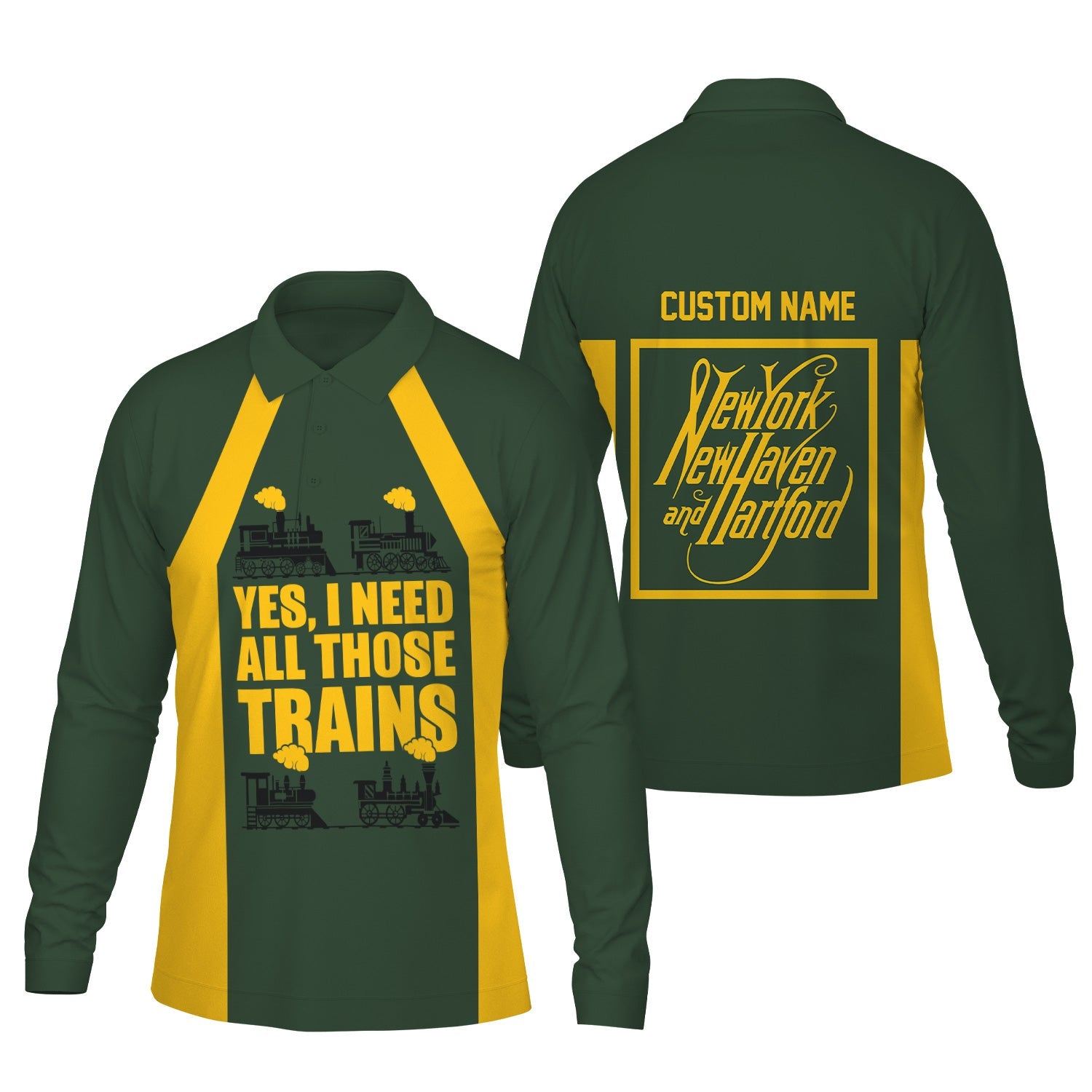 Railspirit Custom Name New York, New Haven and Hartford Railroad Long Sleeve Polo Shirt Yes I Need All Those Train New Haven Railroad Printed Shirt