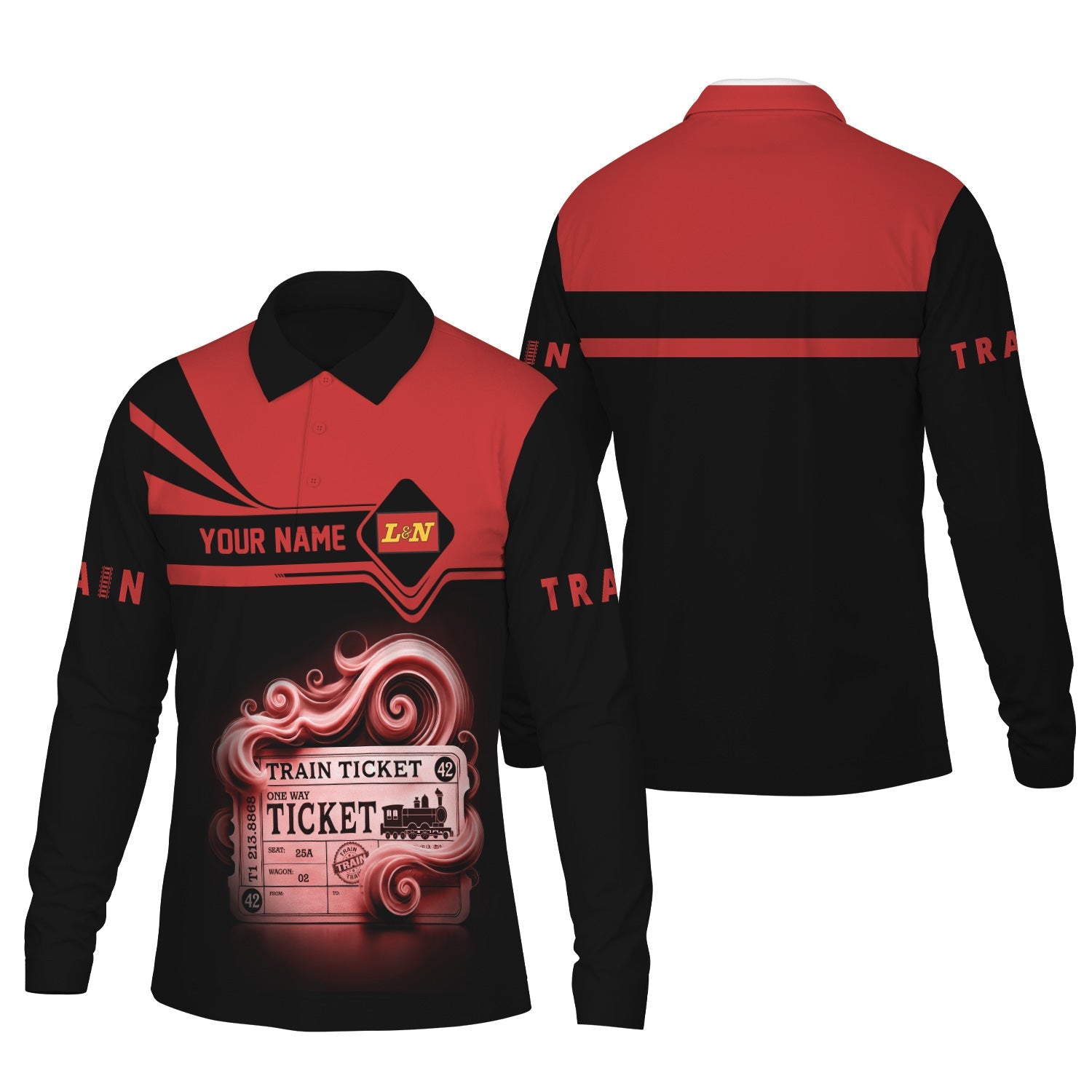 Railspirit Custom Name Louisville and Nashville Railroad Long Sleeve Polo Shirt Train Ticket L&N Printed Shirt