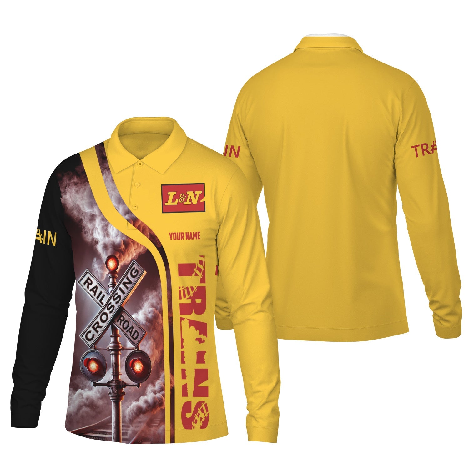 Railspirit Custom Name Louisville and Nashville Railroad Long Sleeve Polo Shirt Railroad Crossing Sign L&N Printed Shirt