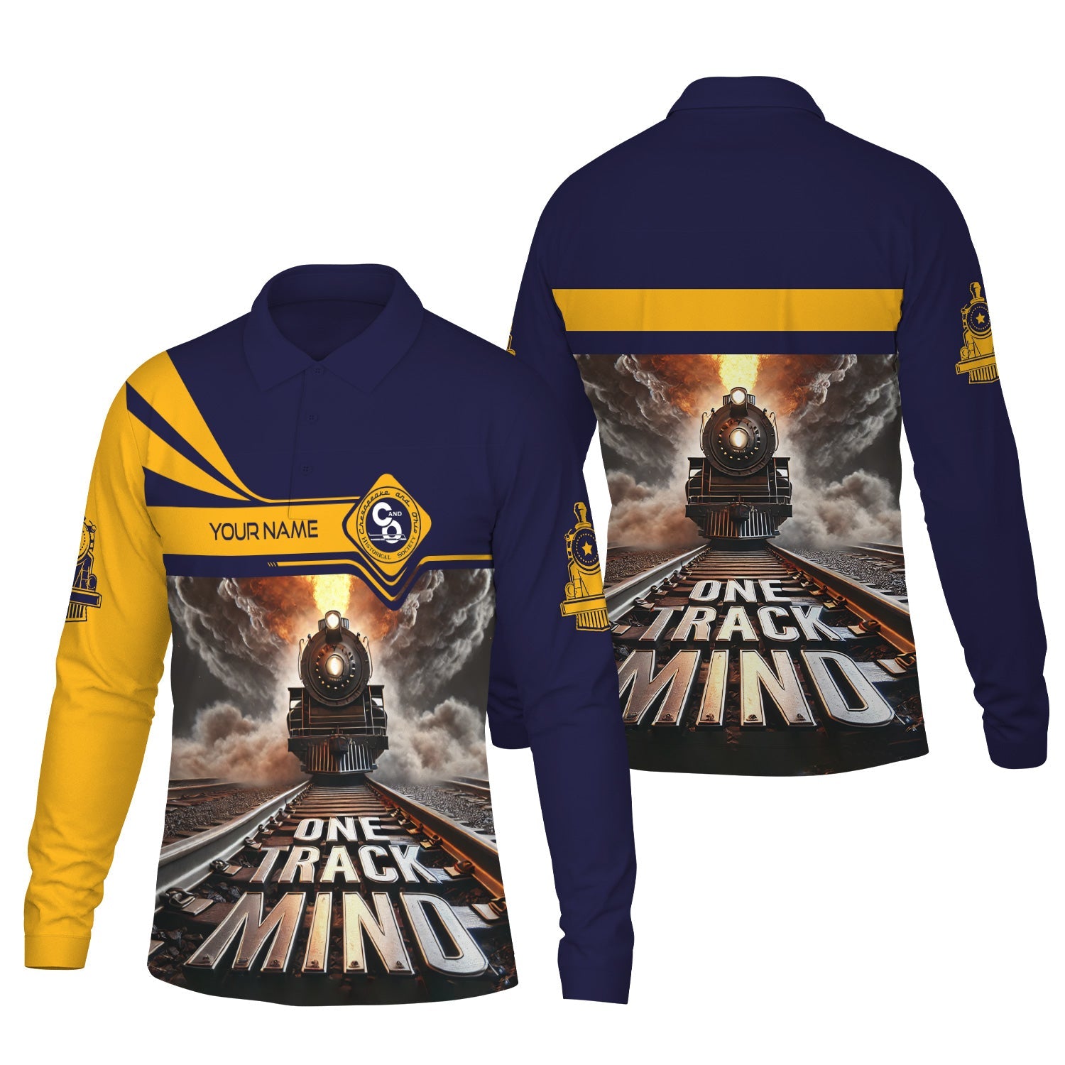 Railspirit Personalized Chesapeake and Ohio Railway Long Sleeve Polo Shirt One Track Mind C&O Train Printed Shirt