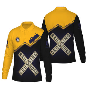 Railspirit Custom Name Chesapeake and Ohio Railway Long Sleeve Polo Shirt Railroad Crossing C&O Printed Train Track Shirt