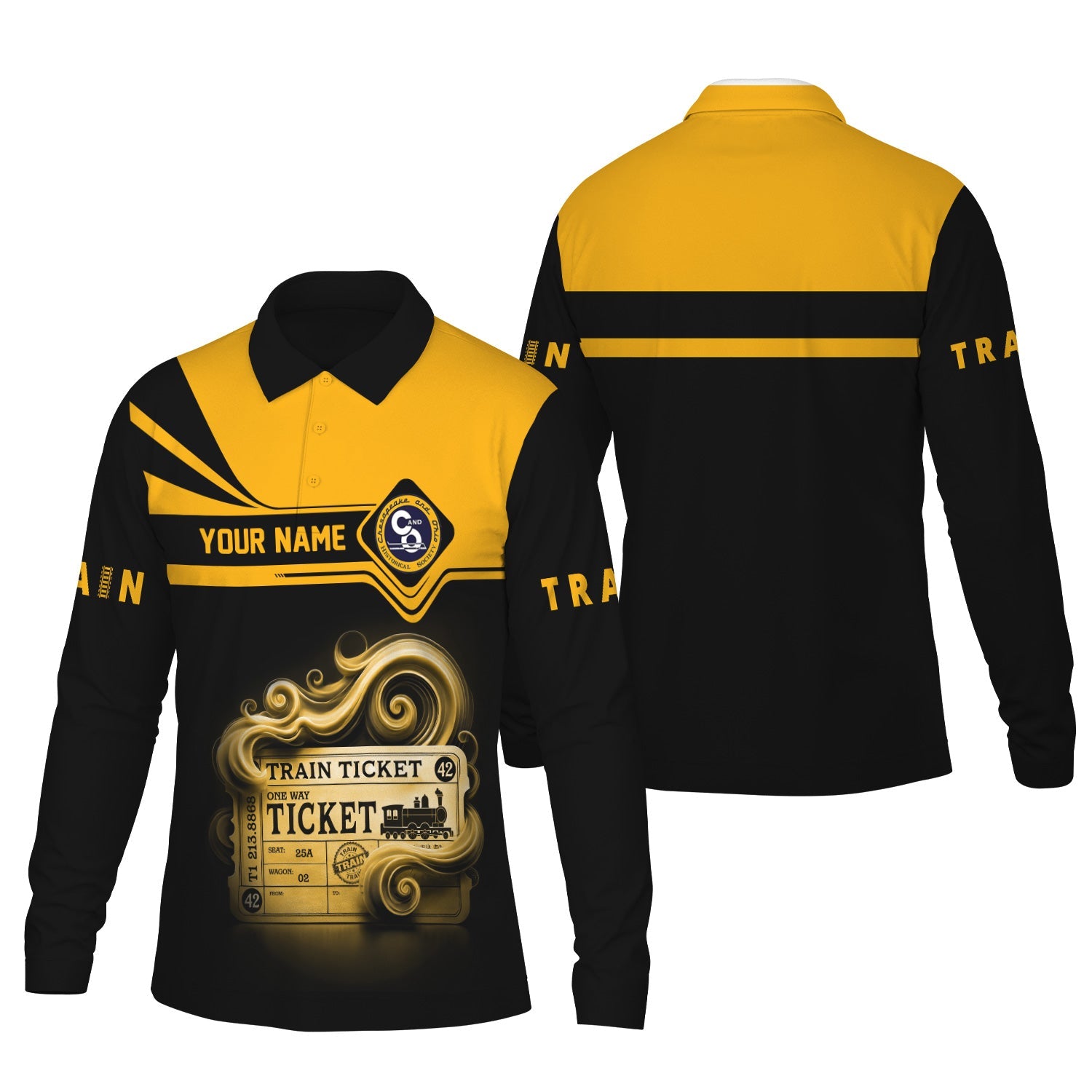 Railspirit Custom Name Chesapeake and Ohio Railway Long Sleeve Polo Shirt Train Ticket C&O Printed Shirt