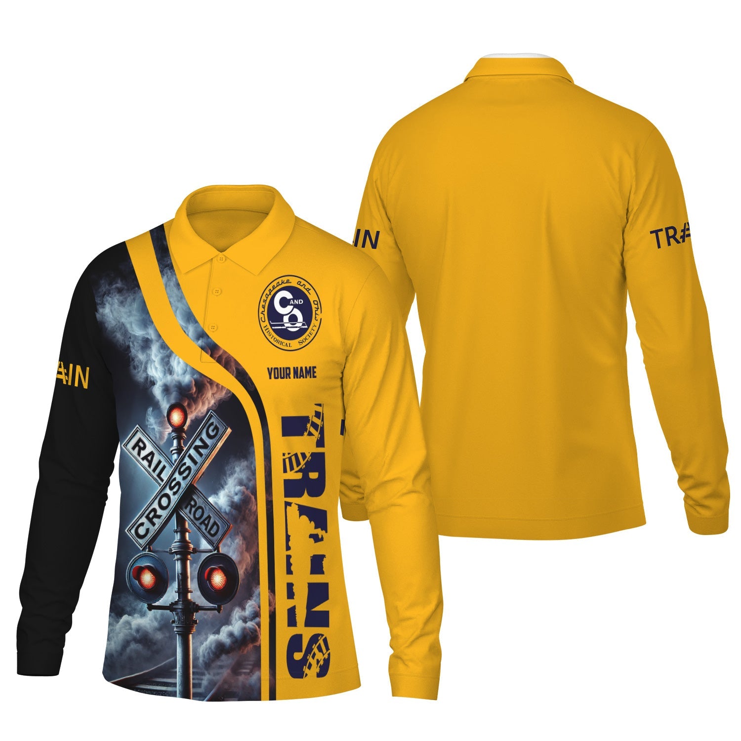 Railspirit Custom Name Chesapeake and Ohio Railway Long Sleeve Polo Shirt Railroad Crossing Sign C&O Printed Shirt