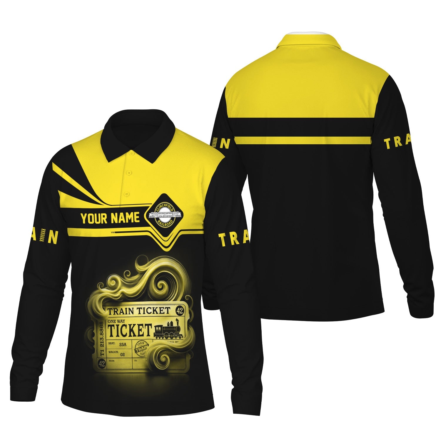 Railspirit Custom Name Clinchfield Railroad Long Sleeve Polo Shirt Train Ticket Printed Shirt