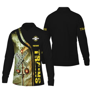 Railspirit Custom Name Clinchfield Railroad Long Sleeve Polo Shirt Railroad Crossing Sign Printed Shirt