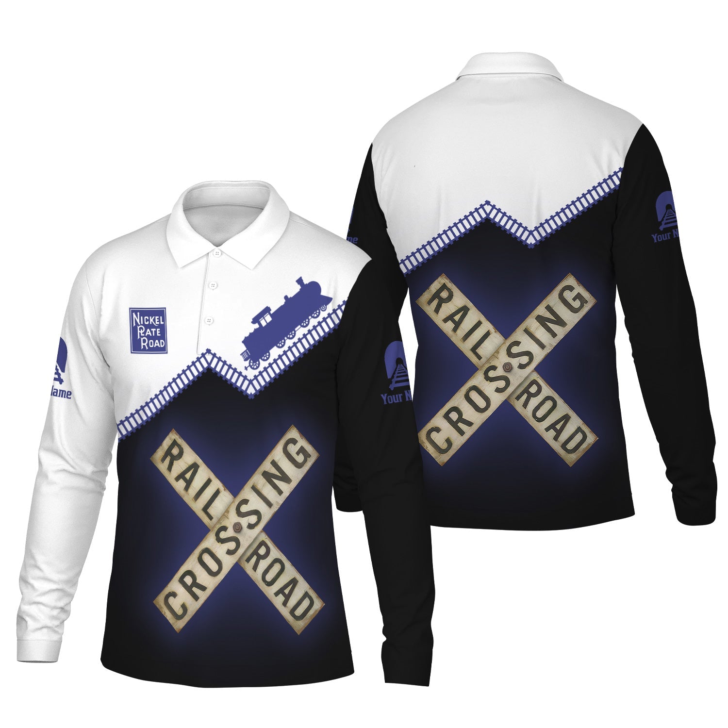 Railspirit Custom Name New York, Chicago and St. Louis Railroad Long Sleeve Polo Shirt Railroad Crossing Nickel Plate Road Printed Train Track Shirt