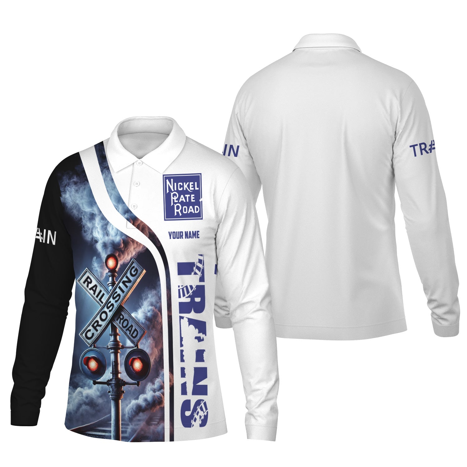 Railspirit Custom Name New York, Chicago and St. Louis Railroad Long Sleeve Polo Shirt Railroad Crossing Sign Nickel Plate Road Printed Shirt