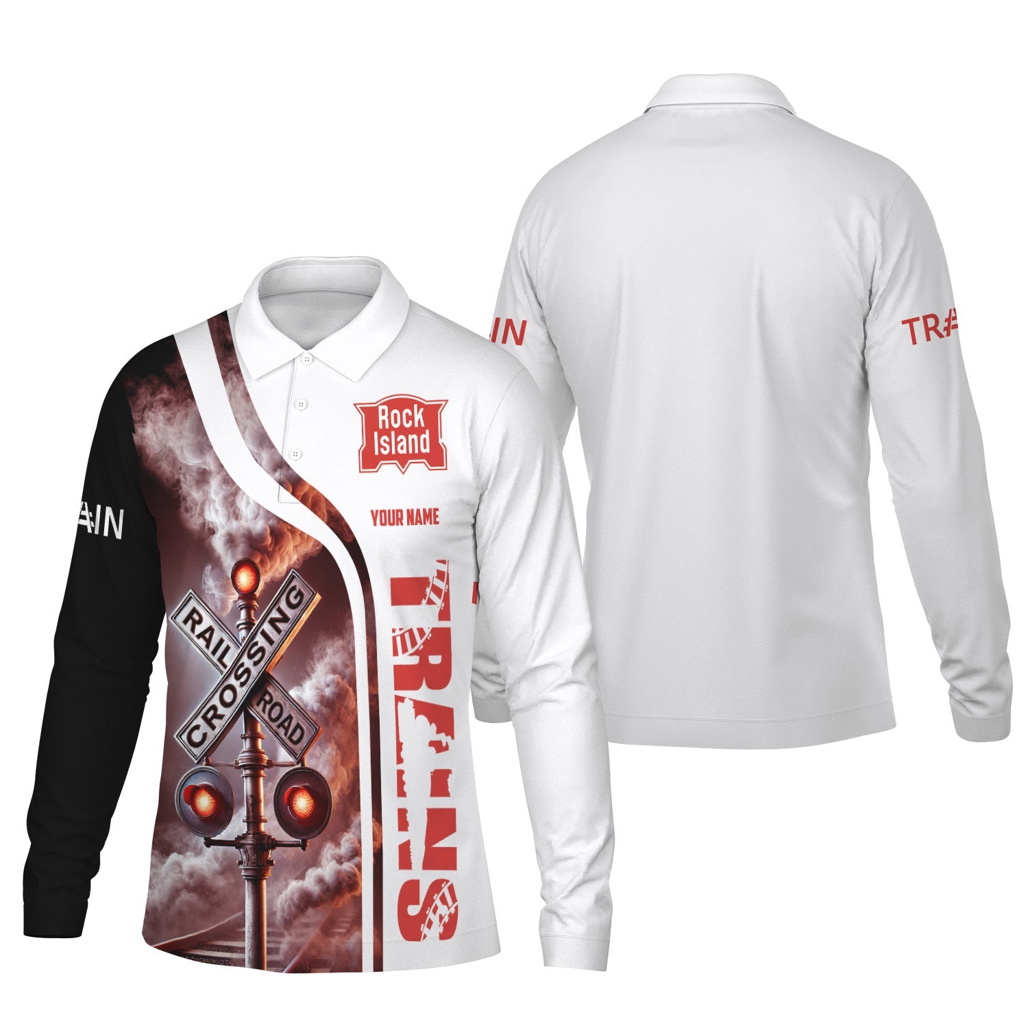 Railspirit Custom Name Chicago, Rock Island and Pacific Railroad Long Sleeve Polo Shirt Railroad Crossing Sign Rock Island Railroad Printed Shirt