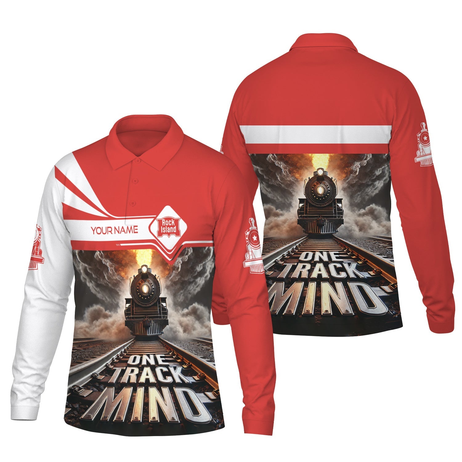 Railspirit Personalized Chicago, Rock Island and Pacific Railroad Long Sleeve Polo Shirt One Track Mind Rock Island Railroad Train Printed Shirt