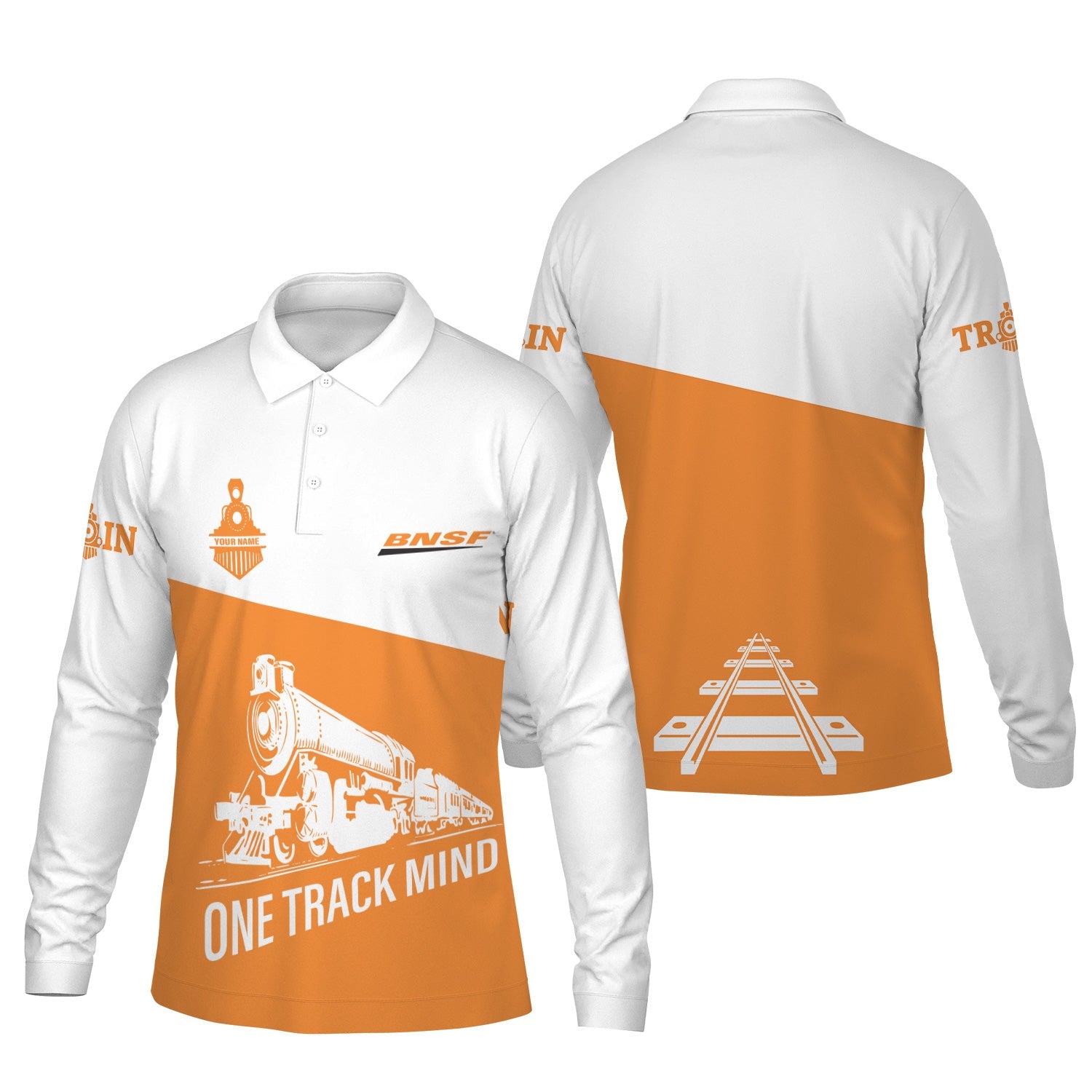 Railspirit Custom Name BNSF Railway Long Sleeve Polo Shirt One Track Mind Printed Shirt