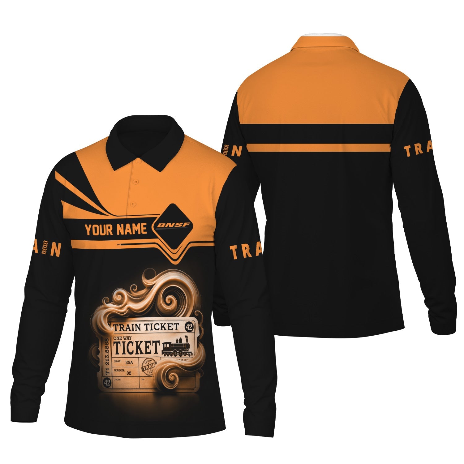 Railspirit Custom Name BNSF Railway Long Sleeve Polo Shirt Train Ticket Printed Shirt