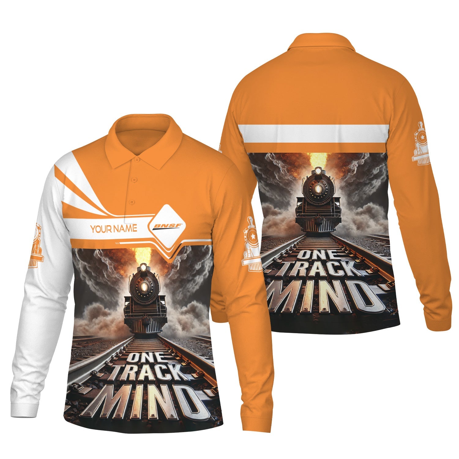 Railspirit Personalized BNSF Railway Long Sleeve Polo Shirt One Track Mind Train Printed Shirt