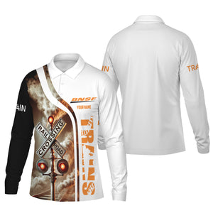 Railspirit Custom Name BNSF Railway Long Sleeve Polo Shirt Railroad Crossing Sign Printed Shirt