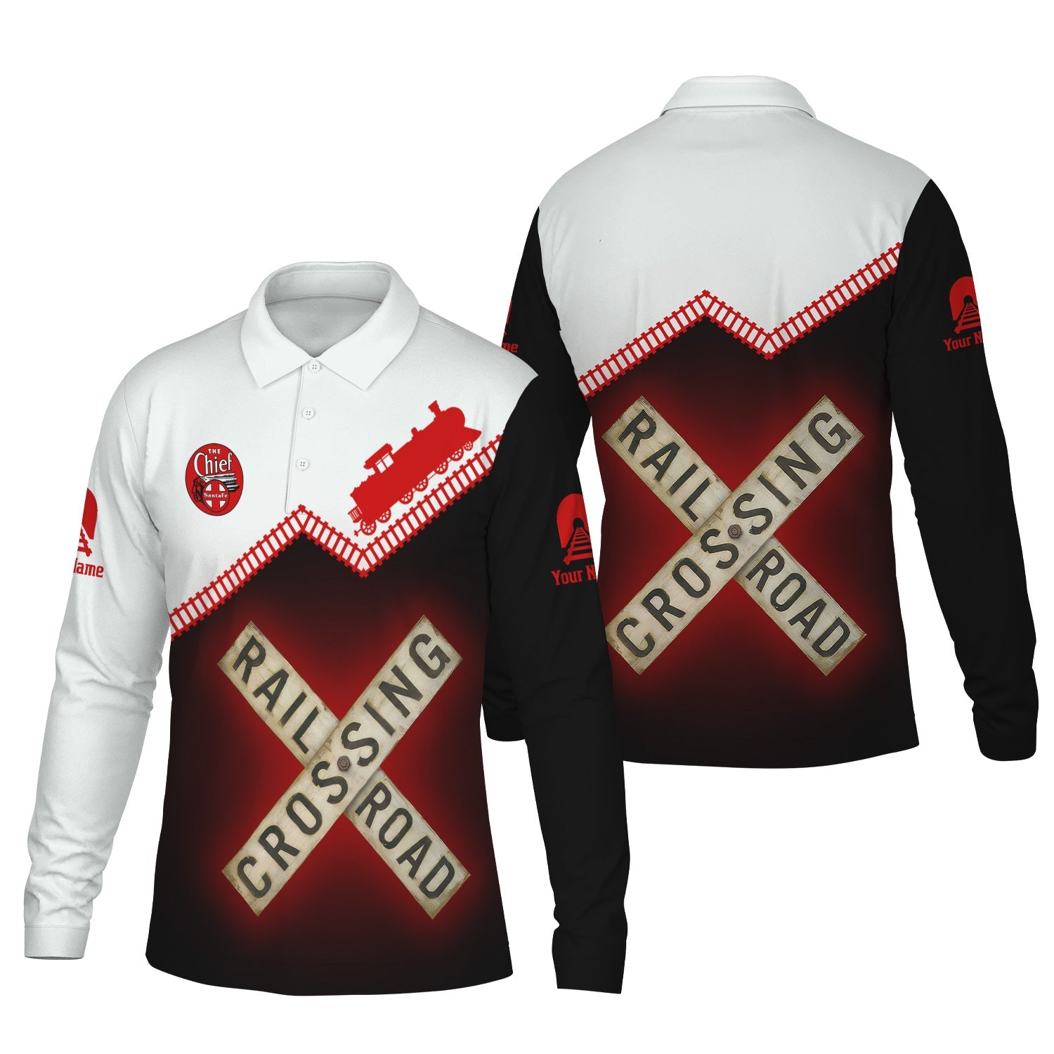 Railspirit Custom Name The Chief Santa Fe Railroad Long Sleeve Polo Shirt Railroad Crossing Printed Train Track Shirt
