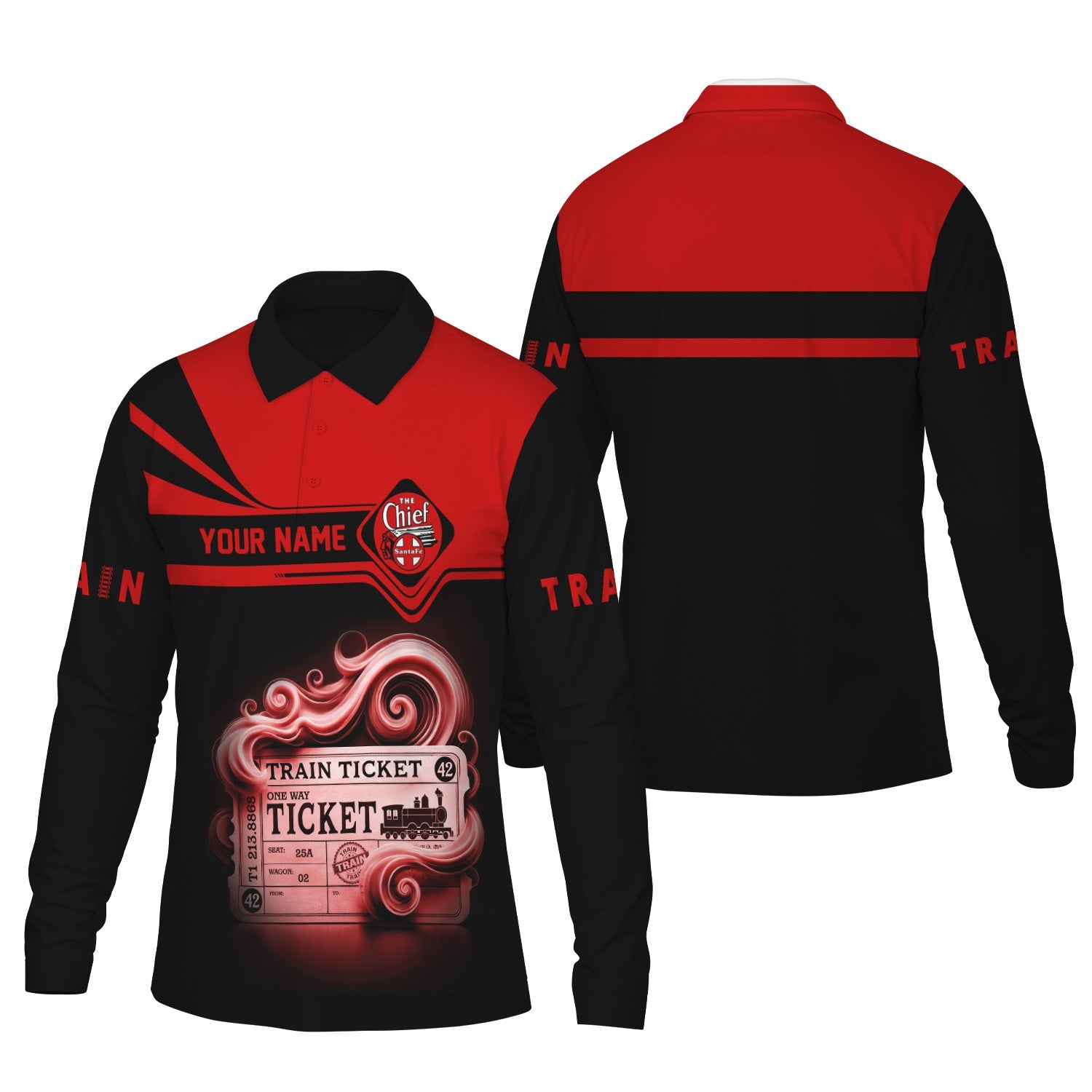 Railspirit Custom Name The Chief Santa Fe Railroad Long Sleeve Polo Shirt Train Ticket Printed Shirt