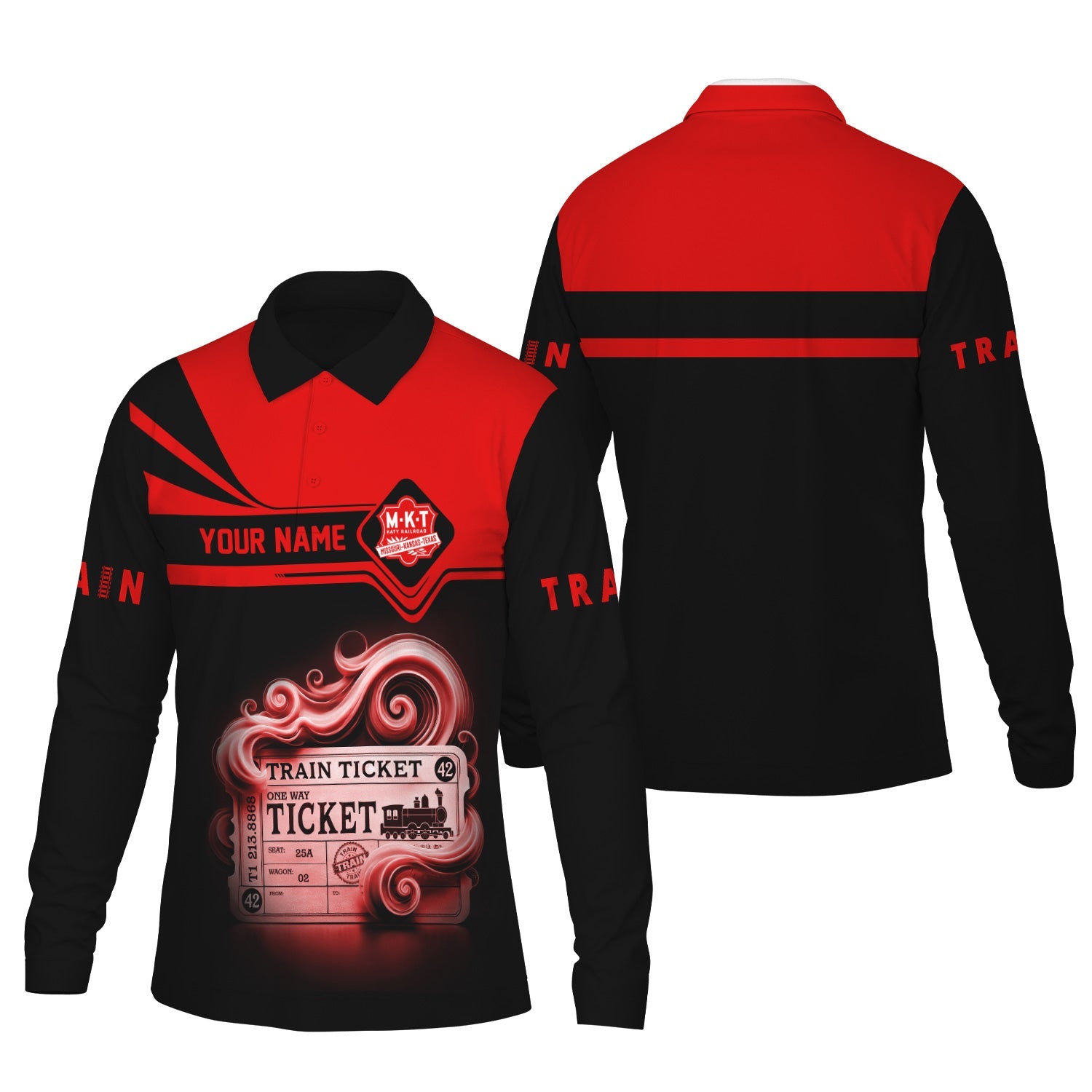 Railspirit Custom Name Katy Railroad Long Sleeve Polo Shirt Train Ticket Printed Shirt