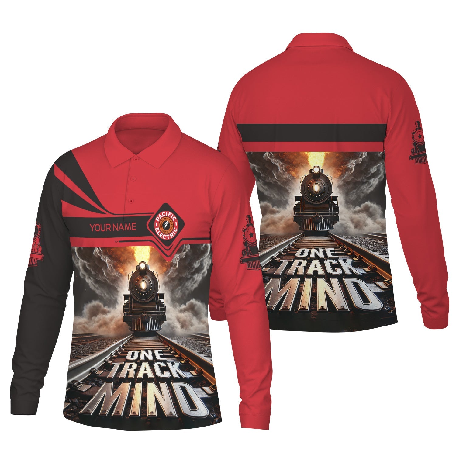 Railspirit Personalized Pacific Electric Railroad Long Sleeve Polo Shirt One Track Mind Train Printed Shirt