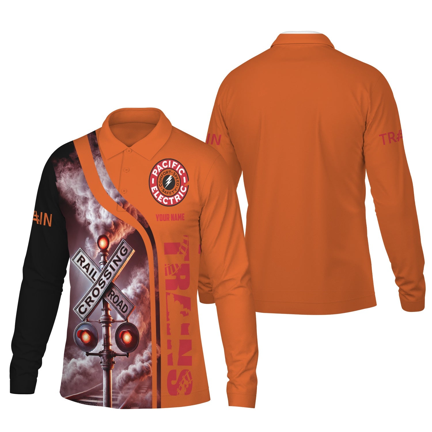 Railspirit Custom Name Pacific Electric Railroad Long Sleeve Polo Shirt Railroad Crossing Sign Printed Shirt